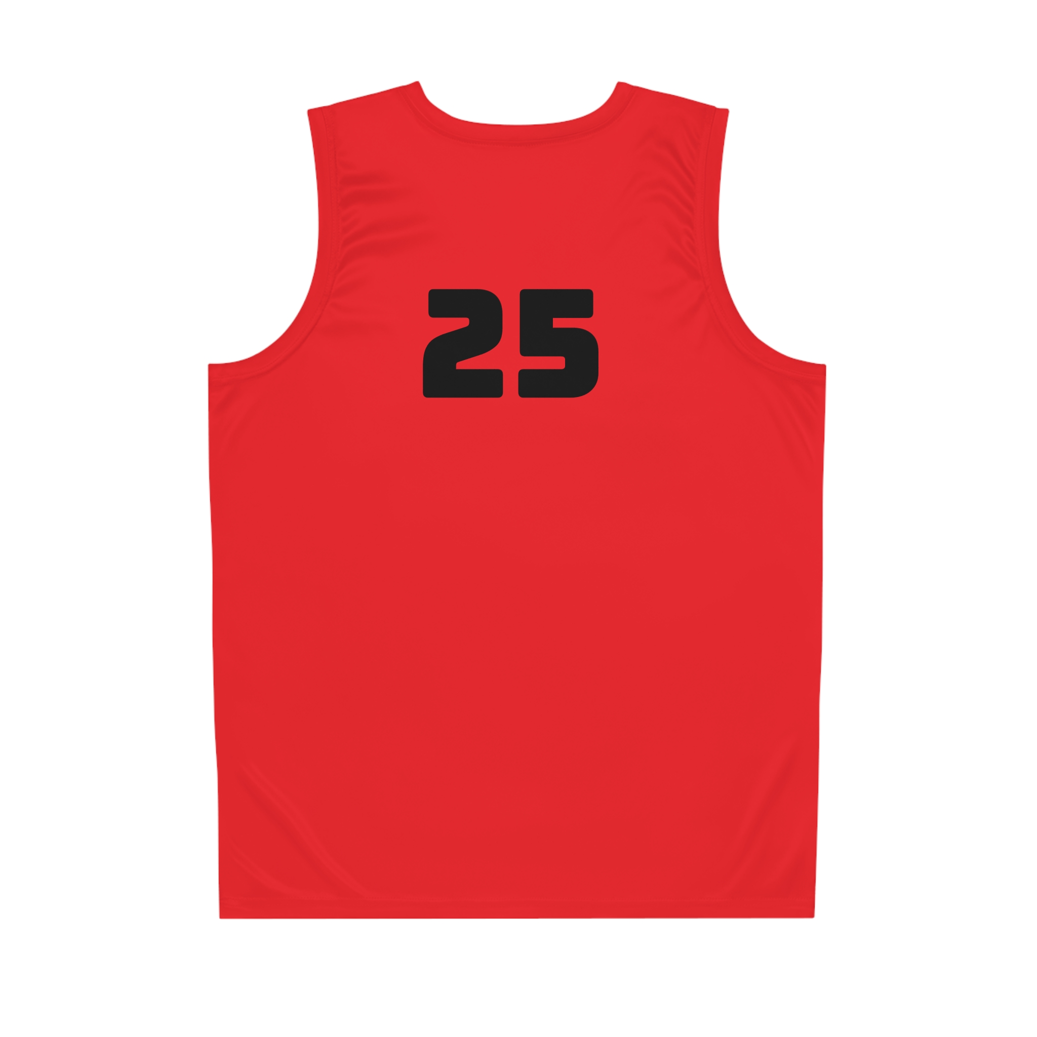 Back view of red Game on, no limits! basketball jersey
