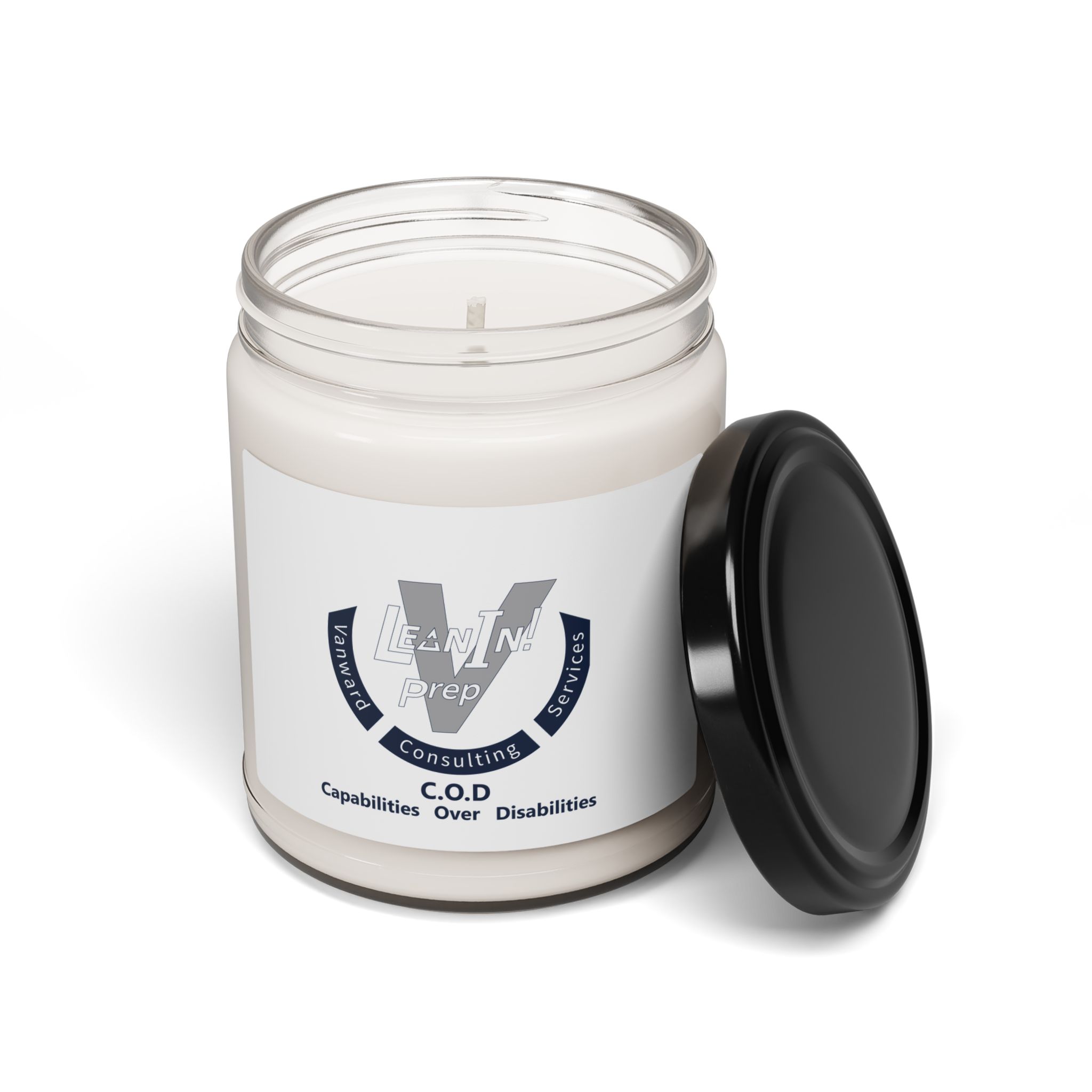 White candle in a opened jar with the C.O.D. logo