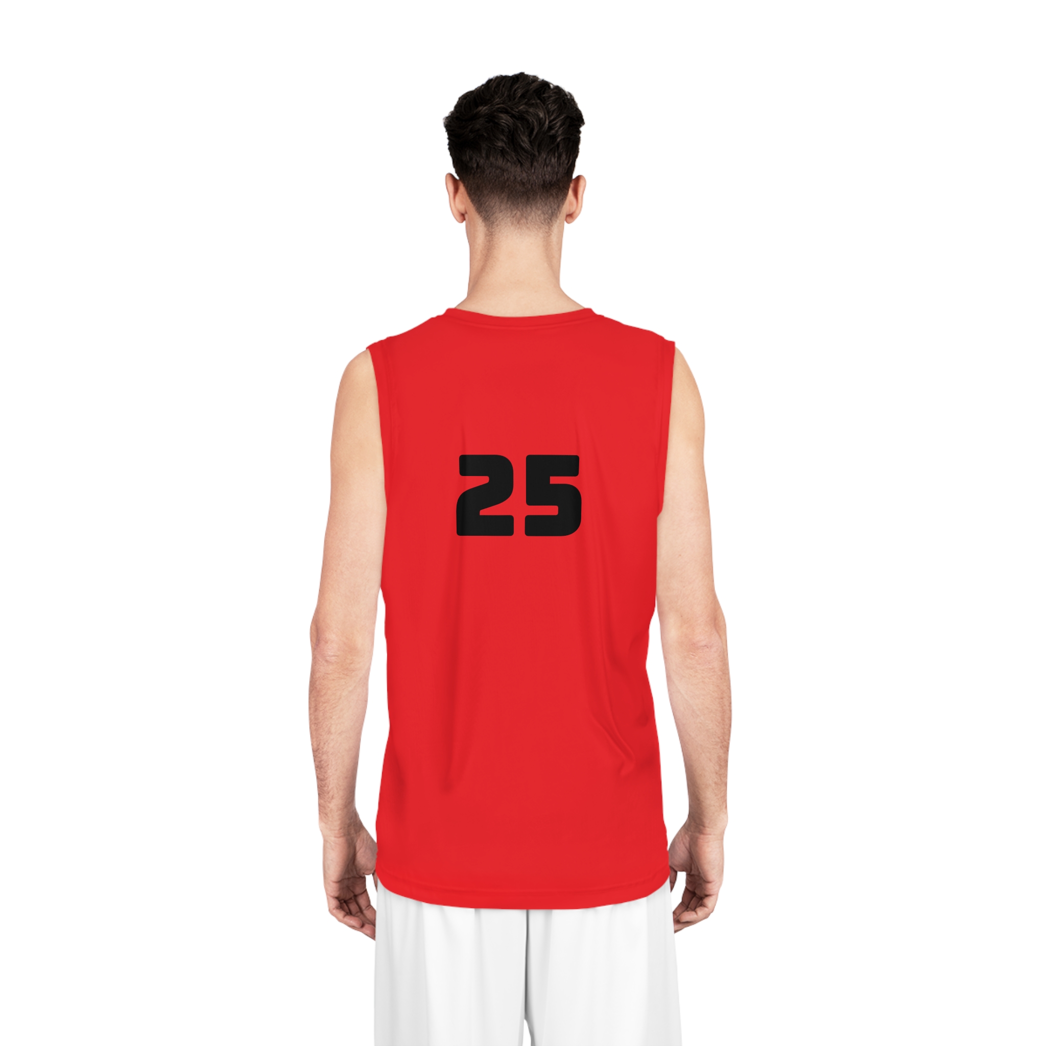 Back view of red Game on, no limits! basketball jersey on person