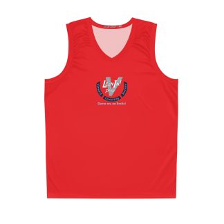 Front view of red Game on, no limits! basketball jersey
