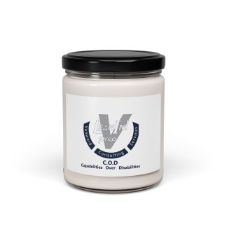 White candle in a closed jar with the C.O.D. logo
