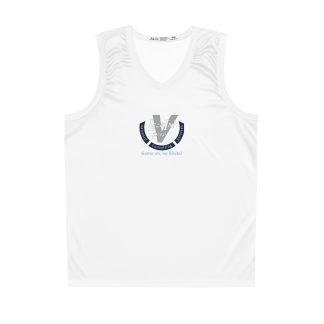 front view on Game in, no limits! logo in center of white basketball jersey