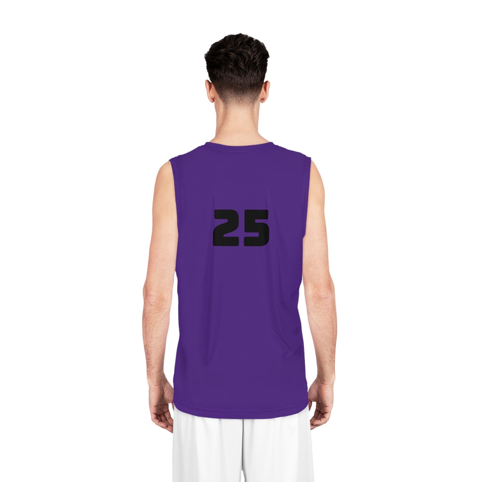 back view of purple basketball jersey with the number 25 on it on a person