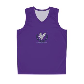 front view on Game on, no limits! logo on purple basketball jersey