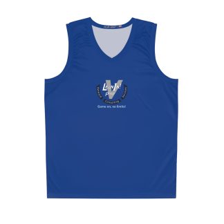 front view of Game on, no limits! logo on center of blue basketball jersey