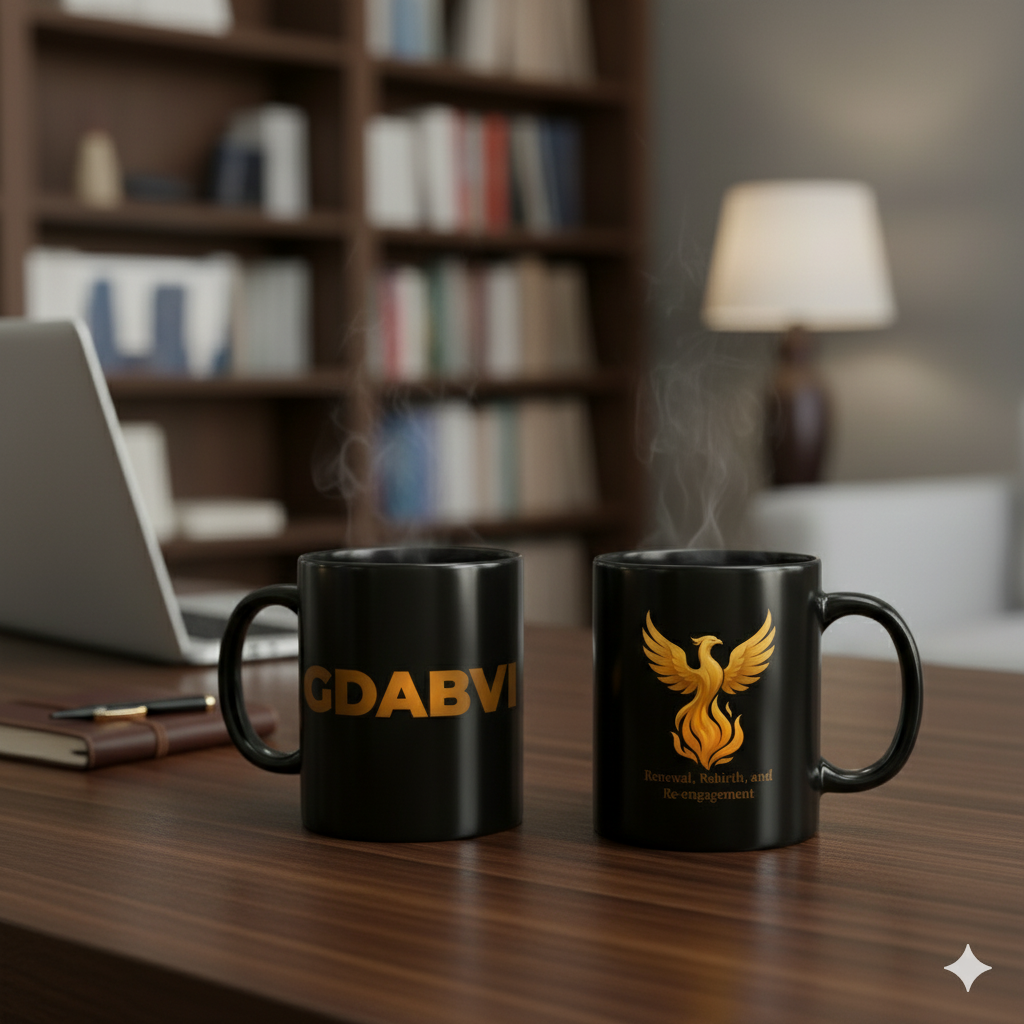 2 black coffee mugs sitting on a computer desk next t a laptop. The 2 mugs represent the front and back view of the coffee mug. The first mug has GDABVI, which is the front view of the mug. The second mug has an image of a phoenix, which is the back view of the mug.