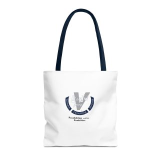 Front of the tote bag that showcases the Lean In! Prep logo and a navy blue strap