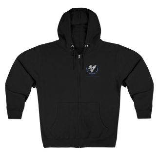 Front view of black capabilities over disabilities zip hoodie.